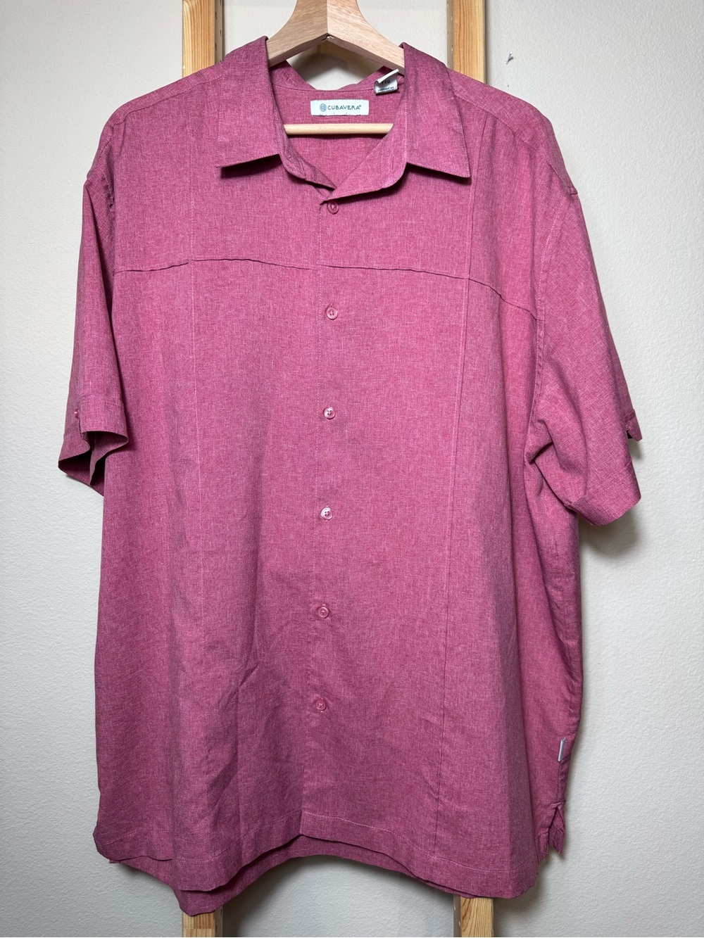 Cubavera Men's XXL Berry Pink Cross Tuck Chambray Short Sleeve Button Up